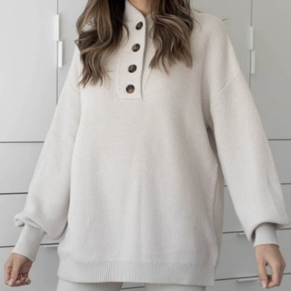 Lunya Cozy Cotton Silk Waffle Knit Henley Sweater